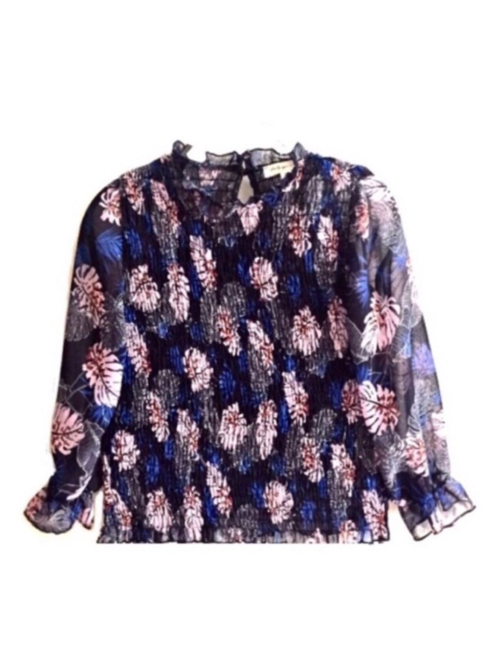 NWOT Smocked Tropical Print Top with Sheer Sleeves